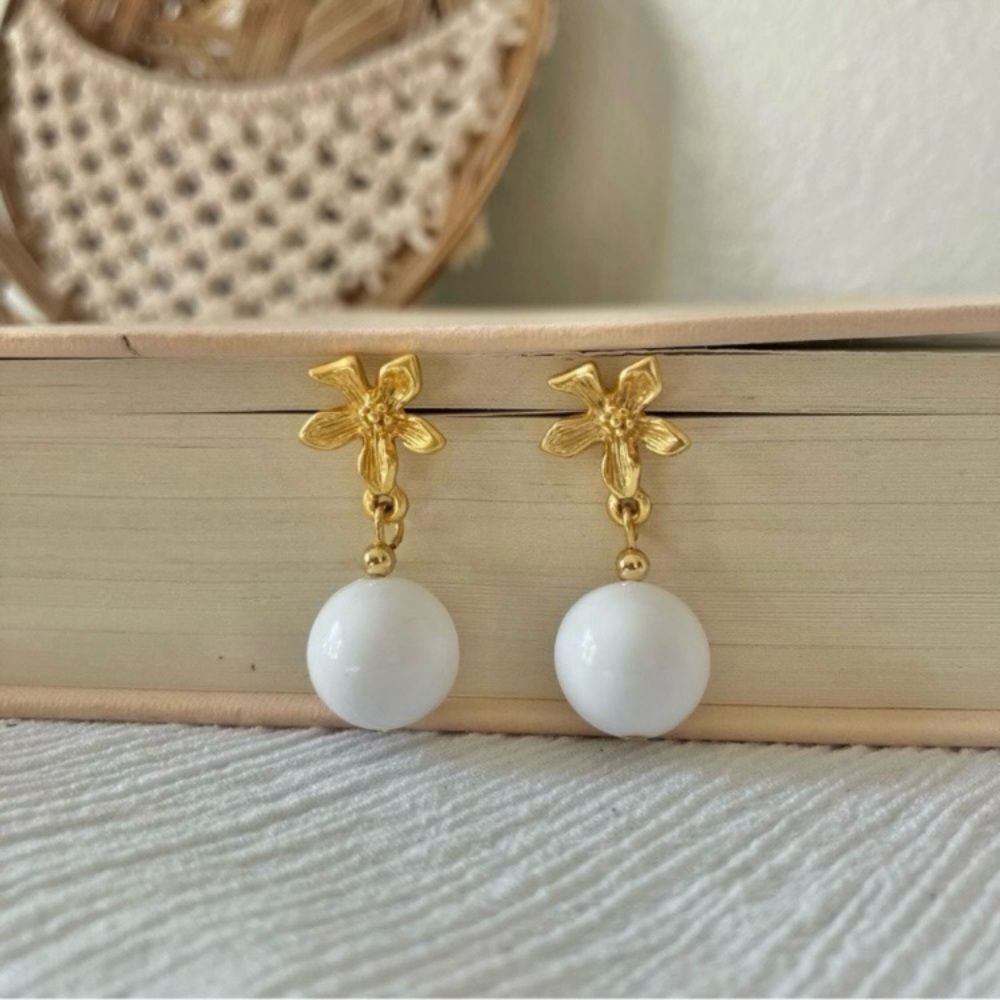 Gold Flower & White Ball Earrings “Magnolia” Vintage Dangle Stud Dogwood White C